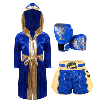 Boys Girls Halloween Carnival Boxer Cosplay Costume Boxing Robe Outfit Long Sleeve Satin Pugilism Hooded Cloak with Belt Shorts