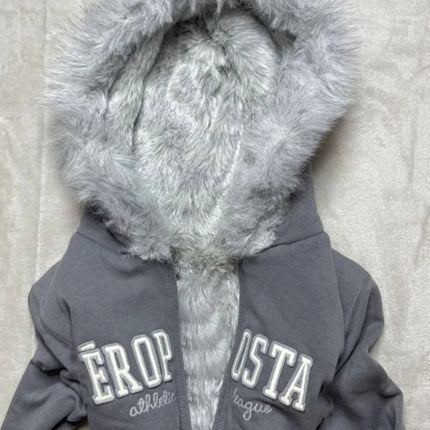 Y2K Retro Fur Collar Zipper  Hoodie Sweatshirts Women Kawaii Letter Graphic Print Tops Jacket Harajuku Gothic Sexy Slim Clothes