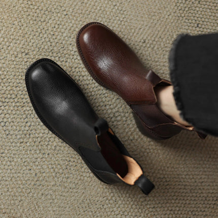 Krazing Pot Big Size 34-43 Cow Leather Round Toe High Heels Retro Modern Chelsea Boots Warm Winter Shoes Motorcycles Ankle Boots