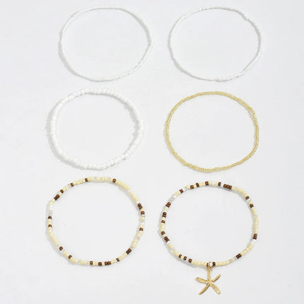 Multilayer Bohemia Rice Bead Anklet Set for Women Fashion Starfish Pendant Anklets Summer Sandy Beach Ankle Chain on Leg Jewelry