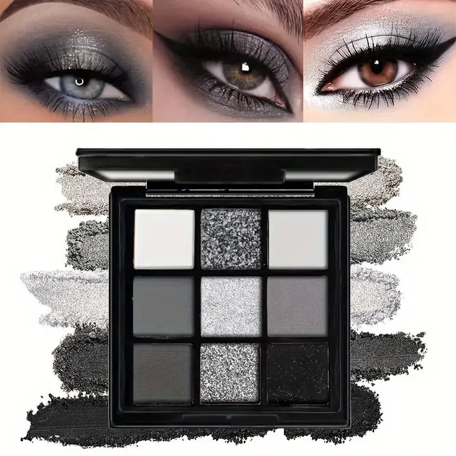 Black smoky eyeshadow palette, 9-color dark grey matte glow, perfect for stage, party and music festival eye makeup