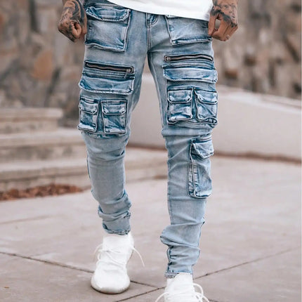 Men’s streetwear, multi pocket vehicle, snug, stretchy, light-colored jeans.
