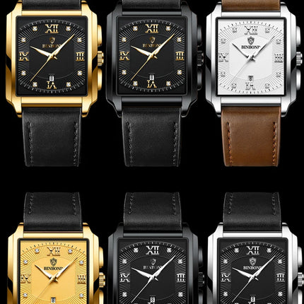 BINBOND Luxury Quartz Watch for Men Golden Square Large Dial 30M Waterproof Leather Strap Wrist Watches Date Display Men's Watch