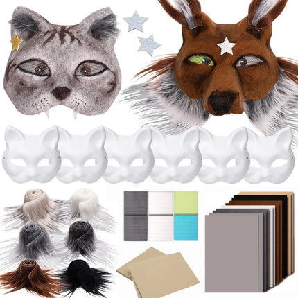 6/12 Sets Therian Mask Kit Paper Blank Masks Half Face Hand-painted Cat Mask DIY Masks For Masquerade Cosplay Party Gifts