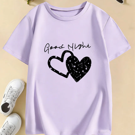 Good Night with Love Heart T-Shirts Short Sleeve Kids Children's T-shirt Boys Girls Summer Spring Casual Top Tee Shirt