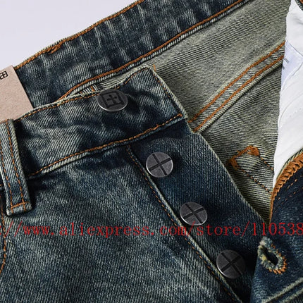 2026 Hot New Men's Blue Acid Washed Denim Shorts Distressed Ripped Embroidered Slim Fit Casual Shorts Streetwear Bottoms
