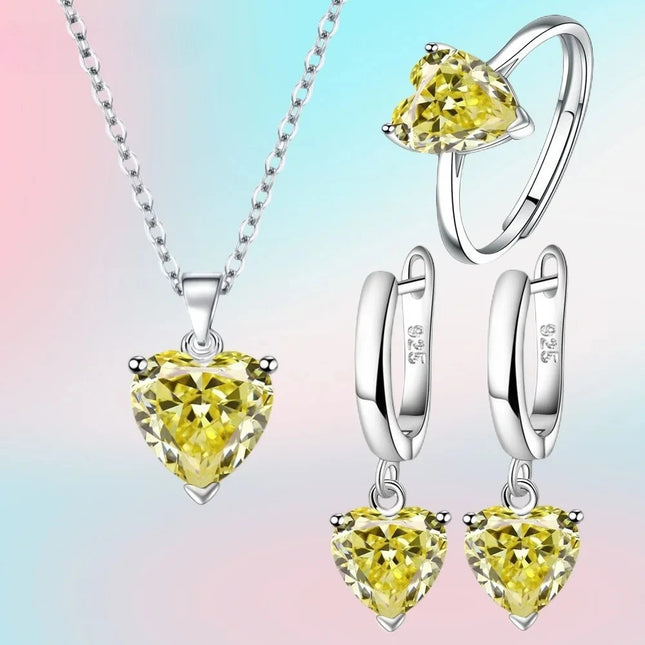 Fine 925 Sterling Silver Jewelry Gift Sets for Women Female Romantic Heart Zircon Huggie Earrings Pendant Necklace Ring