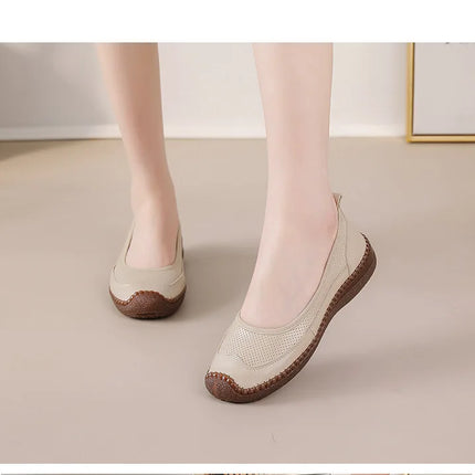New Real Leather Perforated Ballet Flats Women's Massage Insole Slip On Moccasins Woman Hollow Loafer Casual Daily Shopping Shoe