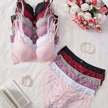 6-Piece Set Women's Underwear Set Sexy Patterned Lace Patchwork No Lining Comfortable Fitting Women's Push-Up Bra Sexy Lingerie