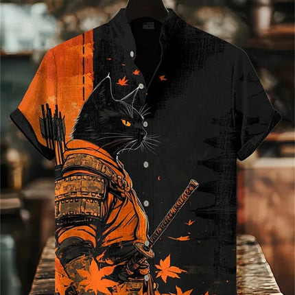 Men's short-sleeved shirt with samurai print and stylish ink painting design, summer casual men's top, trendy retro streetwear.