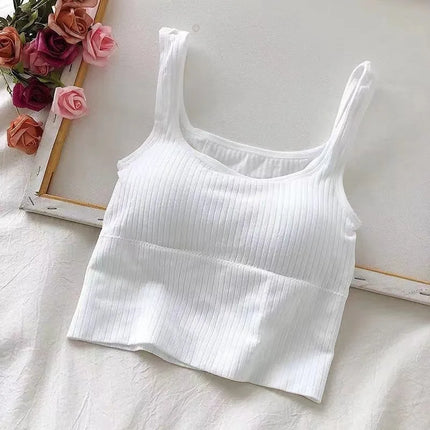 Summer Crop Top Women Seamless Square Collar Wide Straps Tank Top Knitted Striped Camisole Solid Corset Top Female