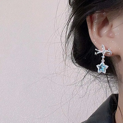 Kpop Y2K Blue Crystal Star Pendant Earrings for Women Exquisite Elegant Zircon Bowknot Pentagram Earrings Jewelry Birthday Gifts
