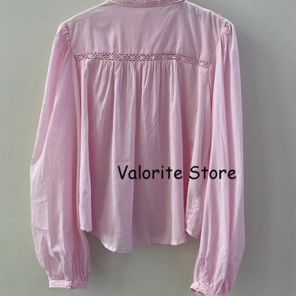 2025 Woman Pink Lace Embroidered Shirt Stand Collar Long Sleeved Hollow Out Buttons Up Matching Layered Shorts Skirts 2pcs set