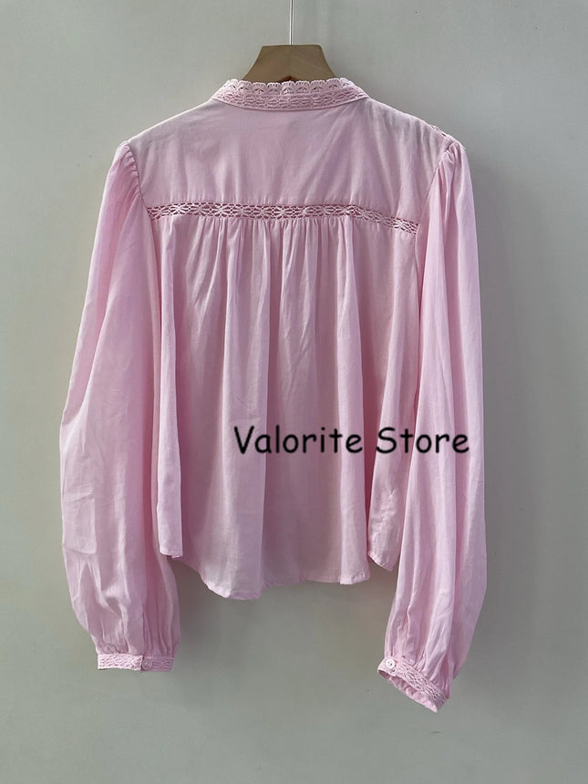 2025 Woman Pink Lace Embroidered Shirt Stand Collar Long Sleeved Hollow Out Buttons Up Matching Layered Shorts Skirts 2pcs set