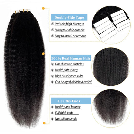 Kinky Straight Tape in Hair Extensions Human Hair Brazilian 100% Adhesive Curly Human Hair 22 24 Inch Natural Black For Women