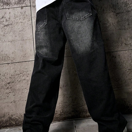 1pc Vintage Style Men's Black Washed Distressed Loose Wide Leg Relaxed Straight Jeans, Perfect Gift for Husband, Boyfriend