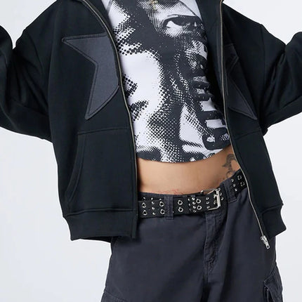 Y2K Vintage Star Print Hooded Hoodie for Women Casual Loose Long Sleeve Zip Up Drawstring Sweatshirts Autumn Spring Coat Street
