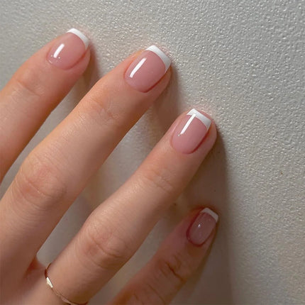 24Pcs Simple Square Head Fake Nail with nude design White Gradient French Press on False Nails Short Full Cover Nail Tips