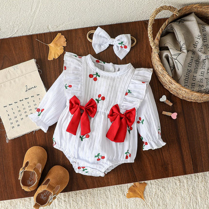2Pcs Spring&AutumToddler Baby Girls Fly Sleeve Rompers Infant Cherry Embroidery Bodysuits Cotton Jumpsuits 0-18 M +Headband