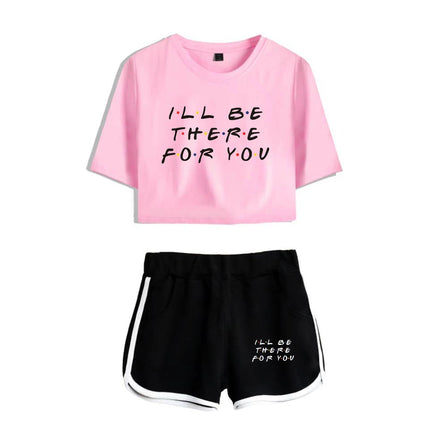 Fashion Youthful Trendy Show I'll Be There for You Short Sleeve Shorts+lovely T-shirts Dew navel Girl suits Two Piece Set