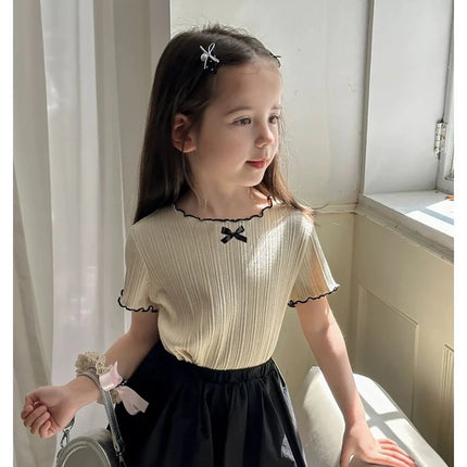 Girls' Ice Silk T-shirt Korean Style Short Sleeve Tops Children's Clothes 2025 Girl Summer Teen Kids Bow Round Neck Solid Tops