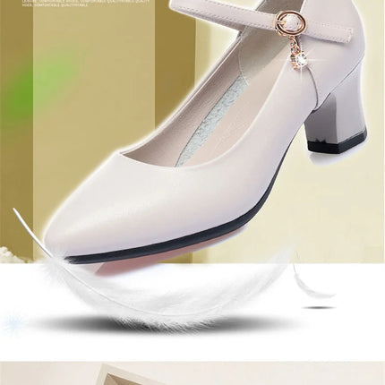 Women Fashion Sweet Red Comfort Buckle Strap Square Heel Pumps Lady Casual Black Pu Leather Office High Heel Shoes Spring Autumn