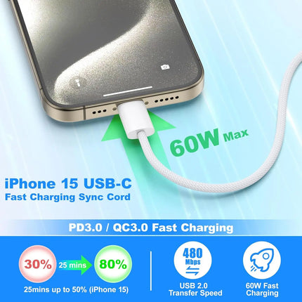 3-Pack 60W USB C to USB C Cable, Type C to Type C Cable,Fast Charging Cable for iPhone 17 16 15 Pro Plus Pro Max Air，for Galaxy