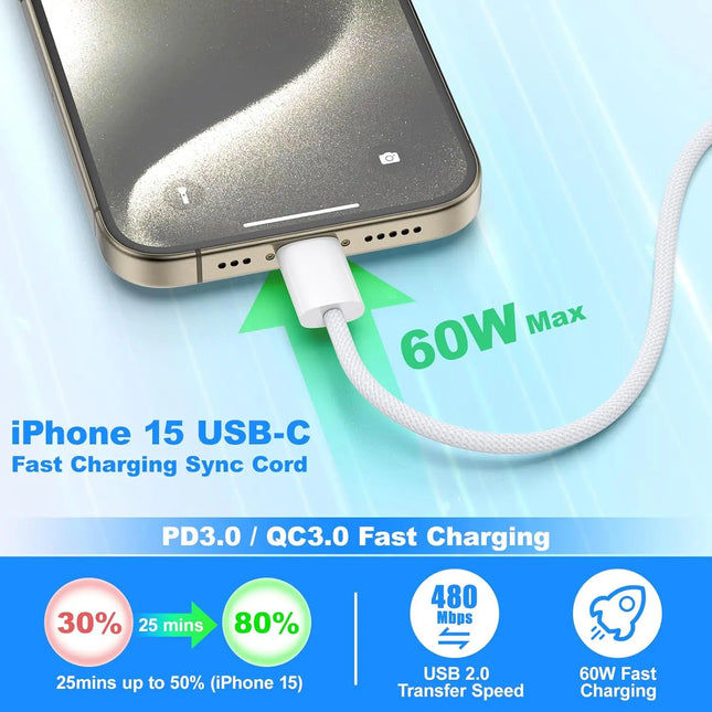 3-Pack 60W USB C to USB C Cable, Type C to Type C Cable, Fast Charging Cable for iPhone 17 16 15 Pro Plus Pro Max Air, for Galaxy