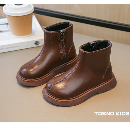 Children Fashion Boots Simple Girls Ankle Boot Black Kids Short Leather Boots Side Zipper Thick Bottom Autumn Winter 2024 New