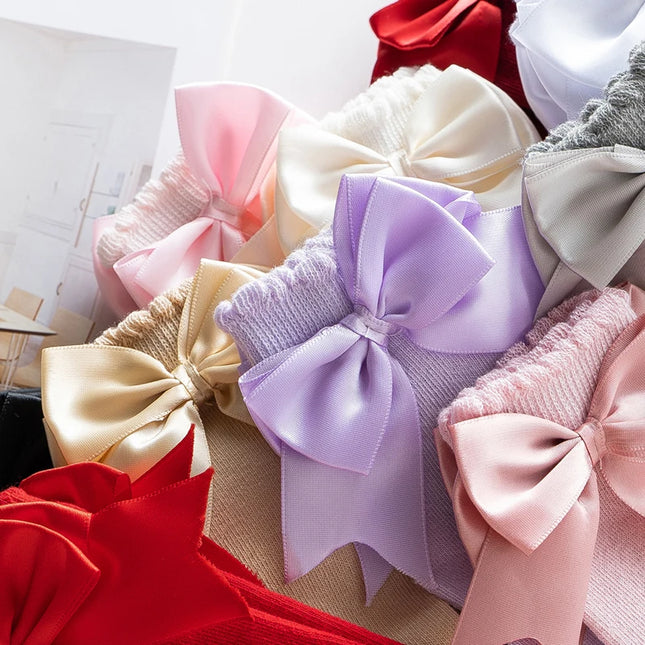 Pudcoco Infant Baby Girl Below Knee Socks, Solid Color Bow Decor Stockings Breathable Clothing Accessory 0-7T