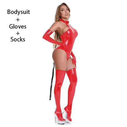 Lady Sexy Faux Leather Latex Catsuits With Belt High Cut Wetlook PU Lingerie Bodysuit Clubwear Costumes Gloves Long Stockings