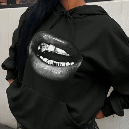 Creative and Cool Lip Print Pattern Printed Women's Hoodie 2025 New Autumn and Winter Minimalist Style Top Clothing