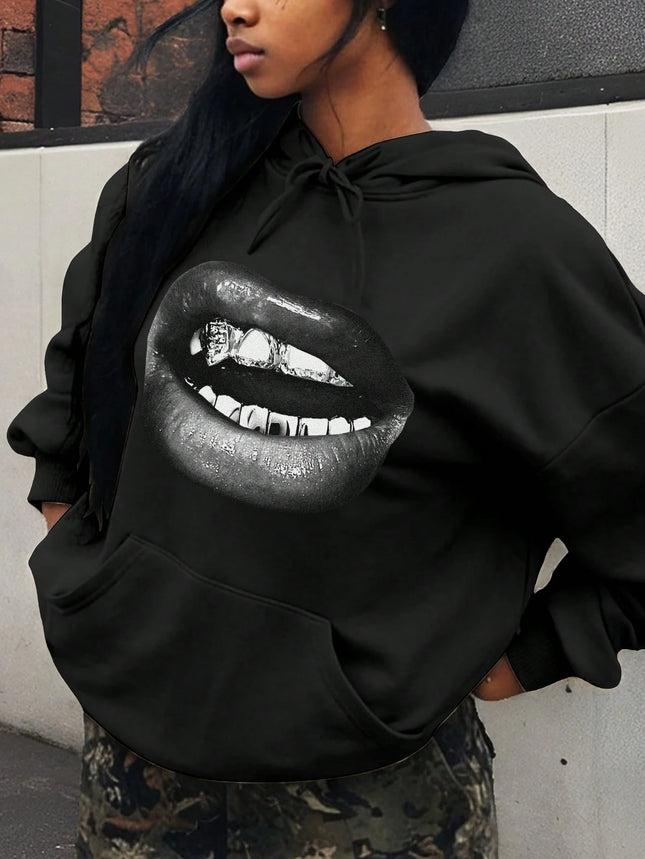 Creative and Cool Lip Print Pattern Printed Women's Hoodie 2025 New Autumn and Winter Minimalist Style Top Clothing