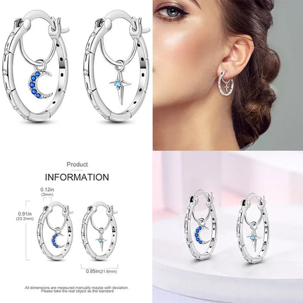 Luminous Shell Women Earrings Original 925 Sterling Silver Pave CZ Star Moon Hoop Earrings Engagement Wedding Jewelry