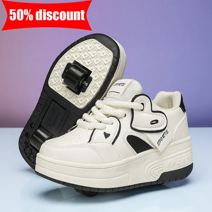 Children's Roller Skating Shoes, Detachable Double Wheels, Boys' Outdoor Skating Amusement Sneakers, Girls' Comfortable Soft Board Shoes
