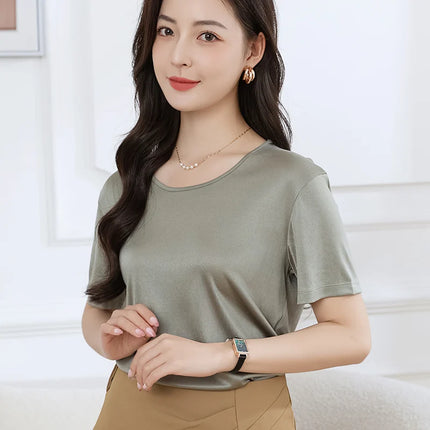 Summer High-End Women's Short Sleeve T-Shirt Acetate Fabric Knitted European Style Thin Hot Selling Top for Ladies