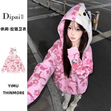 American Hello Kittys Women Zip Jacket Vintage Hooded Sweatshirt Sanrioed Y2K Girls Zipped Coat Couple Tops Casual Streetwear