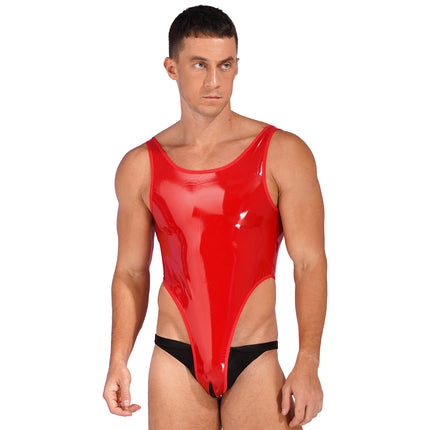 Sexy Mens High Cut Crotchless Patent Leather Bodysuit Catsuit One Piece Wet Look Backless Sleeveless Leotard Clubwear Costume