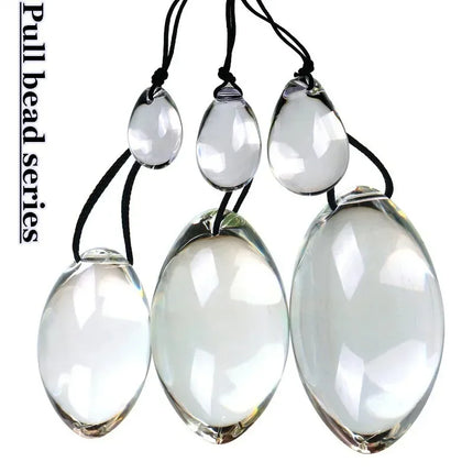 Small to Large Oval Beaded Anal Plug with Reinforced Rope Pull Ring - Transparent Glass Anal Trainer for BDSM Play and Personal