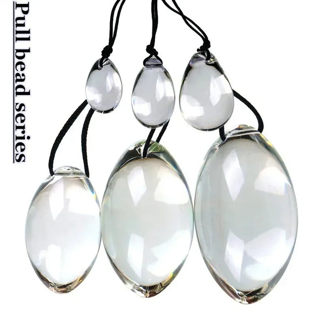 Small to Large Oval Beaded Anal Plug with Reinforced Rope Pull Ring - Transparent Glass Anal Trainer for BDSM Play and Personal