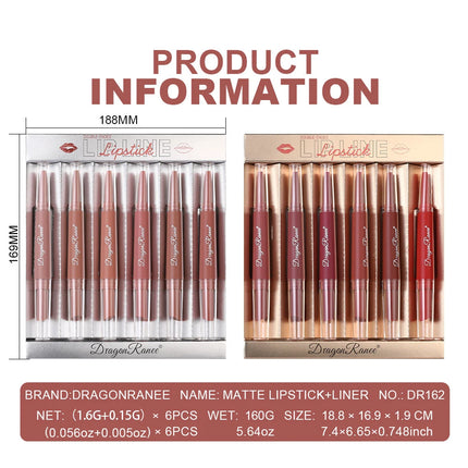 Six Double-Ended Lipstick Set, Velvet Matte Matte Lipstick, Lip Gloss, Easy to Color, Non-Fading, Non-Stick Lipstick Set