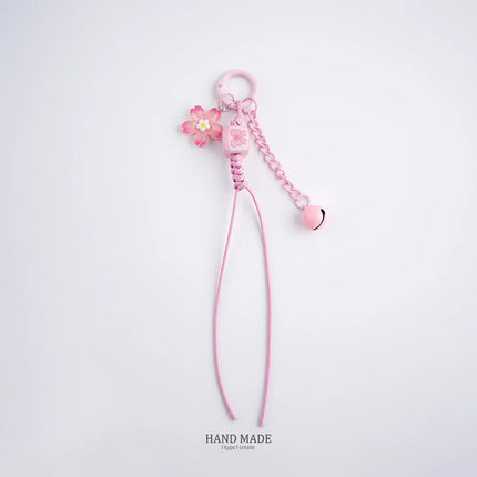 Cute Cherry Blossoms Pendant Keychain Creativity Heart Shape Beaded Woven Rope Small Bell Design Bag Hanging Piece Gift A227
