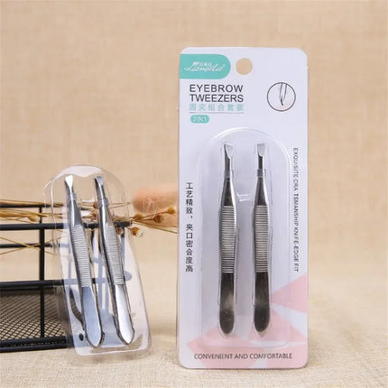 2Pcs/Set Professional Slanted/Flat Stainless Steel Hair Removal Clip Eyebrow Face Hair Remover Tweezers Eyebrow Plucking Tools