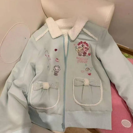 Cute Japanese Printed Cardigan Women Y2K Fairy Grunge Ruffle Patchwork Outerwear Sweet Lolita Harajuku Style Daily Casual Outfit