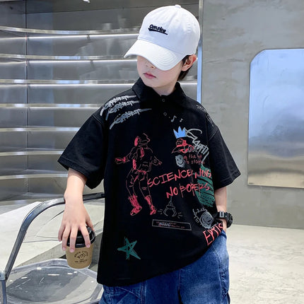 Fashion Kids Summer Short Sleeve Polo Shirt With Drawings Teens Boys Casual Outfits Clothes Baby Child Loose Cotton Polo Tshirt