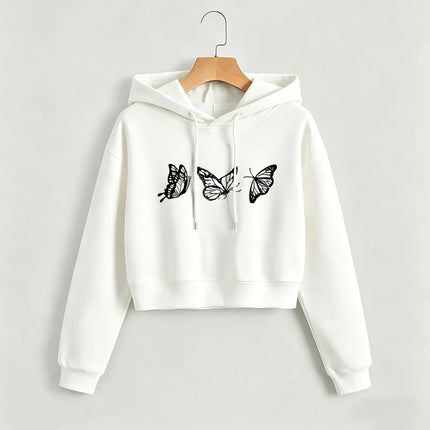 Vintage Butterfly Print Cropped Sweatshirt Crop Top Hoodie Y2k Sweatshirts Gothic Casual Style Clothes Autumn Winter