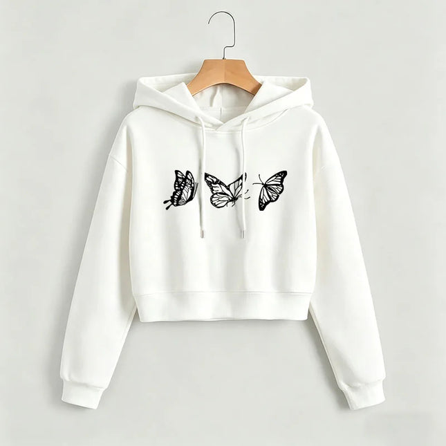 Vintage Butterfly Print Cropped Sweatshirt Crop Top Hoodie Y2k Sweatshirts Gothic Casual Style Clothes Autumn Winter