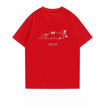 2026 Summer Pokemon Sleeping Pikachu Line Art Print T-Shirt, 100% Cotton Loose Casual Oversized Tee for Adults & Kids Y2k