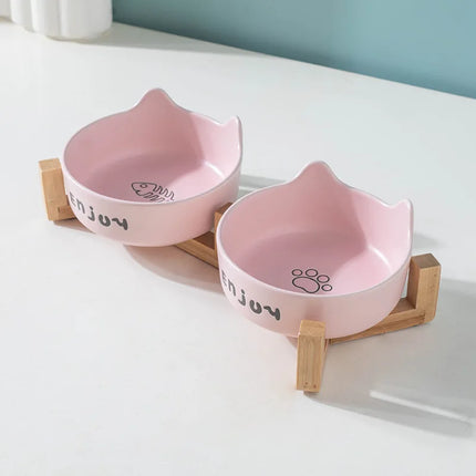 3pcs/set (1pc rack + 2pcs bowl) Non-Slip Ceramic Double Pet Food Bowl for Cats and Dogs - Prevents Spills and Slips