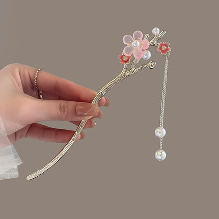 2023 New Vintage Chinese Women's Hair Stick Metal Glaze Flowers Hair Chopsticks Ladies Pearl Jewelry Hair Sticks Accessories